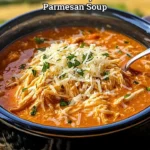 Crock pot creamy chicken parmesan soup served in a bowl with herbs garnish.