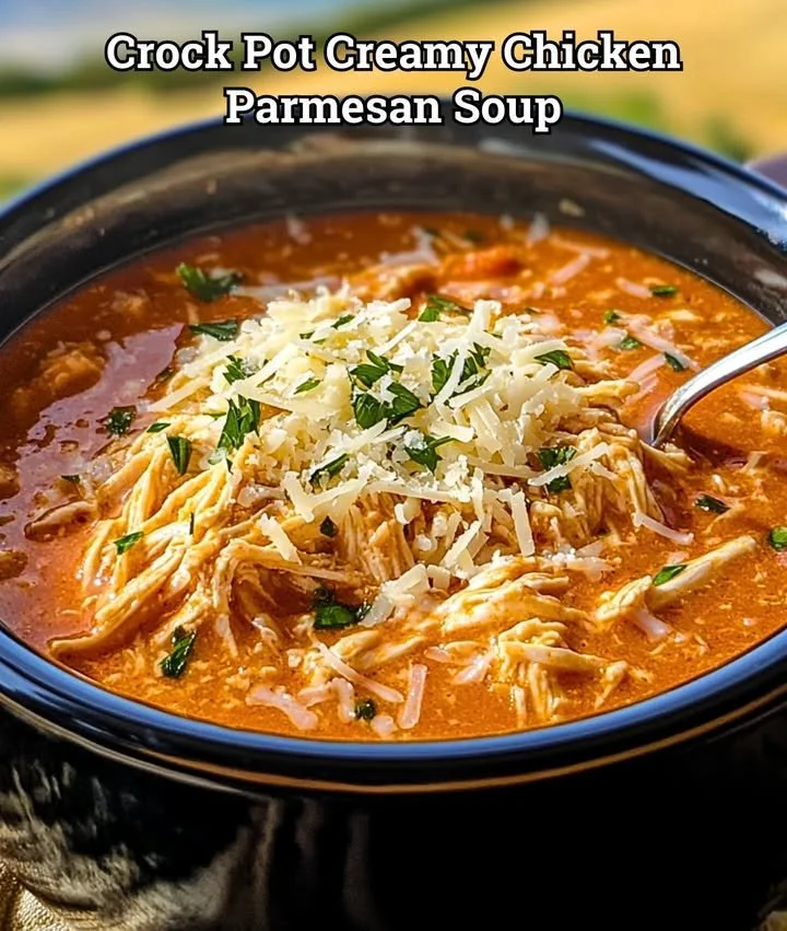 Crock pot creamy chicken parmesan soup served in a bowl with herbs garnish.