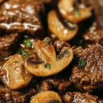 Crockpot Beef Tips and Mushrooms in a slow cooker, a delicious savory dish.