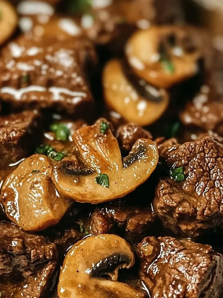 Crockpot Beef Tips and Mushrooms in a slow cooker, a delicious savory dish.