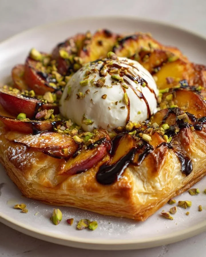 Crowned Puff Pastry Wreath with burrata, grilled peaches, and pistachios