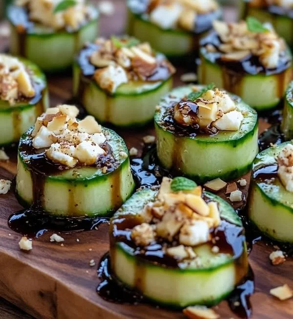 Cucumber rolls filled with almond feta and topped with honey balsamic glaze