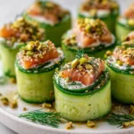 Delicious cucumber sushi rolls with feta and salmon crunch ingredients
