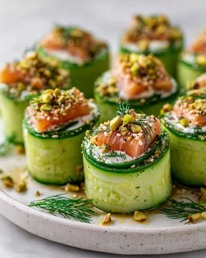 Delicious cucumber sushi rolls with feta and salmon crunch ingredients