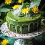 Delicious Dandelion and Nettle Cake topped with fresh herbs and edible flowers.
