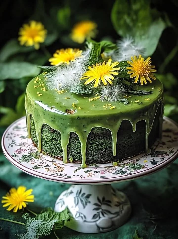 Delicious Dandelion and Nettle Cake topped with fresh herbs and edible flowers.