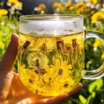 A cup of dandelion tea surrounded by fresh dandelion flowers and leaves.