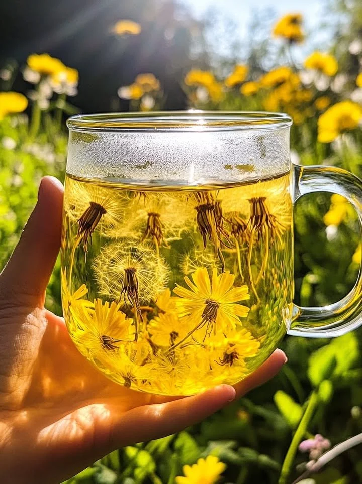 A cup of dandelion tea surrounded by fresh dandelion flowers and leaves.