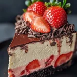 Decadent chocolate strawberry cheesecake with fresh strawberries on top