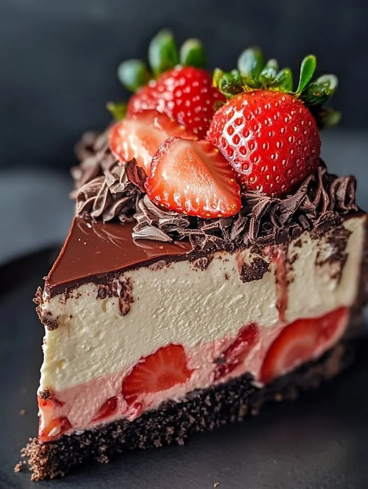 Decadent chocolate strawberry cheesecake with fresh strawberries on top