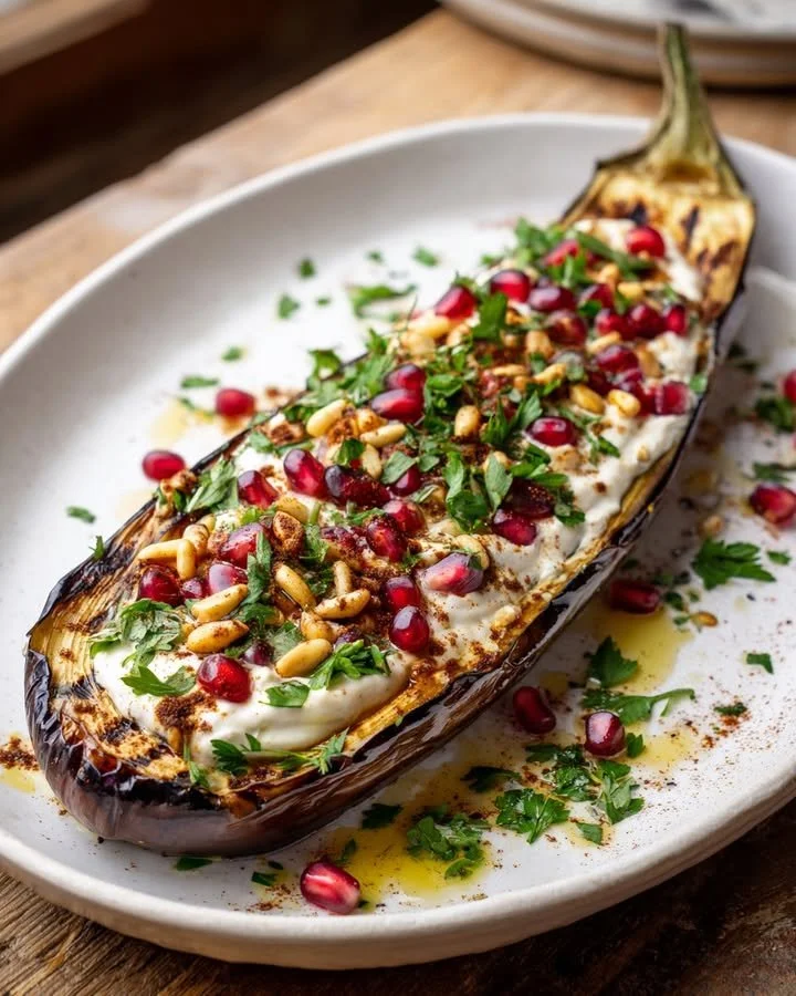 Deconstructed Baba Ghanoush platter with tahini, pomegranate, and pine nuts