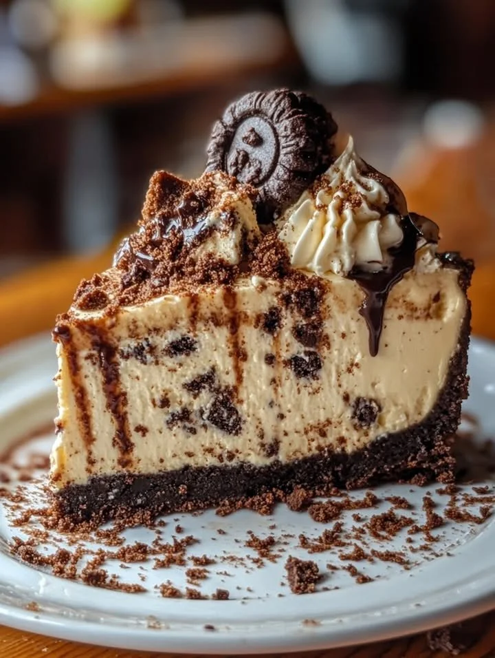 Slice of Delicious Cookie Monster Cheesecake topped with cookie crumbles