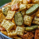 Bowl of homemade Dill Pickle Chex Mix with pickles and crunchy snacks