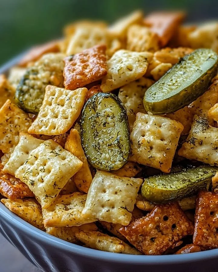 Bowl of homemade Dill Pickle Chex Mix with pickles and crunchy snacks