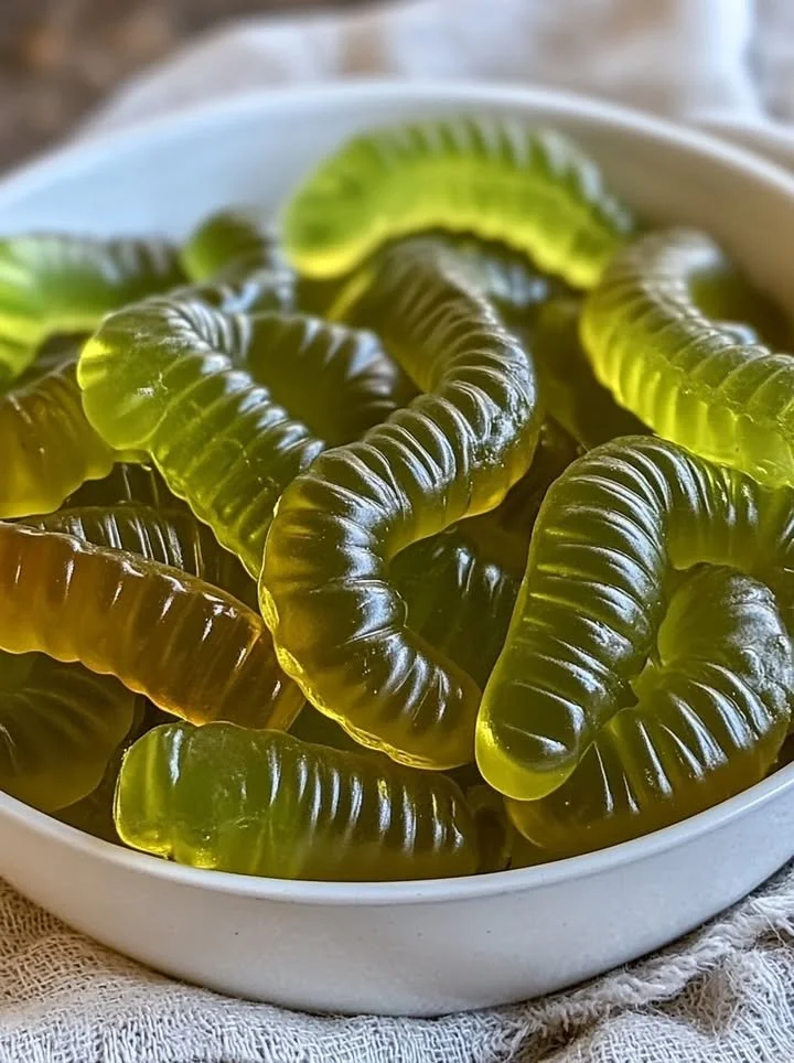 Colorful Dill Pickle Gummy Worms in a bowl