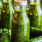 Bottle of dill pickle hot sauce with dill and pickles