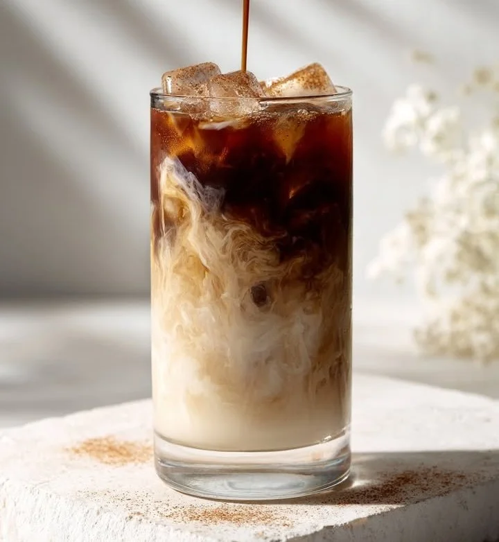 Dirty horchata latte with espresso swirl in a decorative glass.