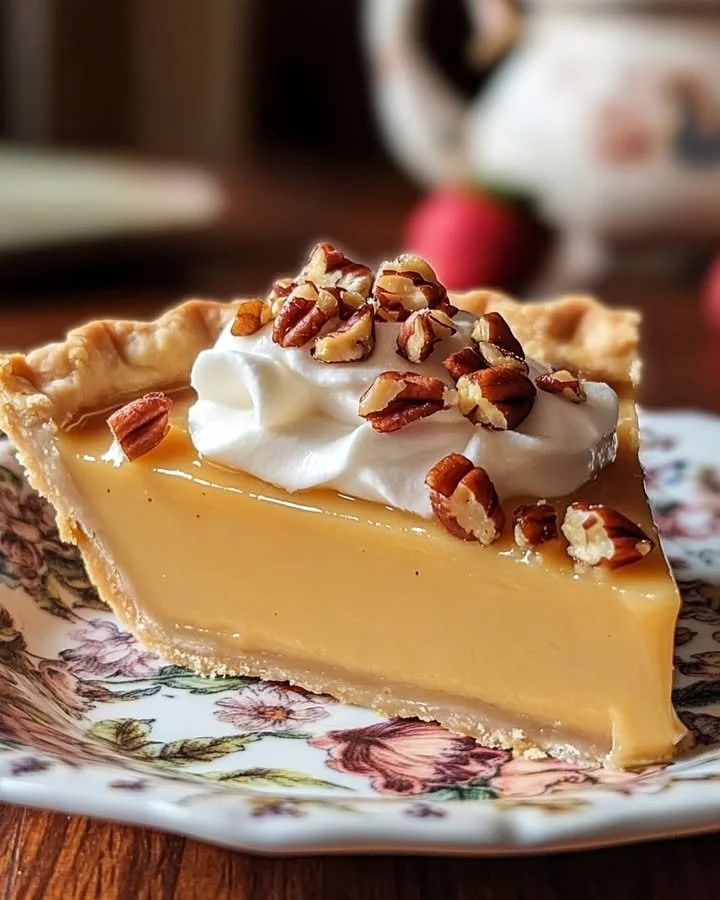 Dolly Parton’s creamy butterscotch pie served on a plate with a slice cut out