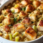 Dolly’s Chicken and Stuffing Casserole dish served hot with crispy topping