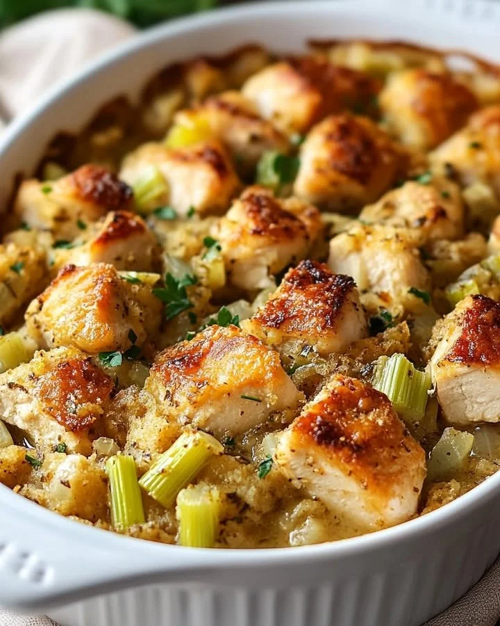 Dolly’s Chicken and Stuffing Casserole dish served hot with crispy topping