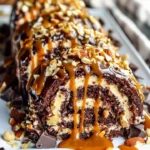 Double Chocolate Almond Caramel Cake Roll topped with caramel drizzle