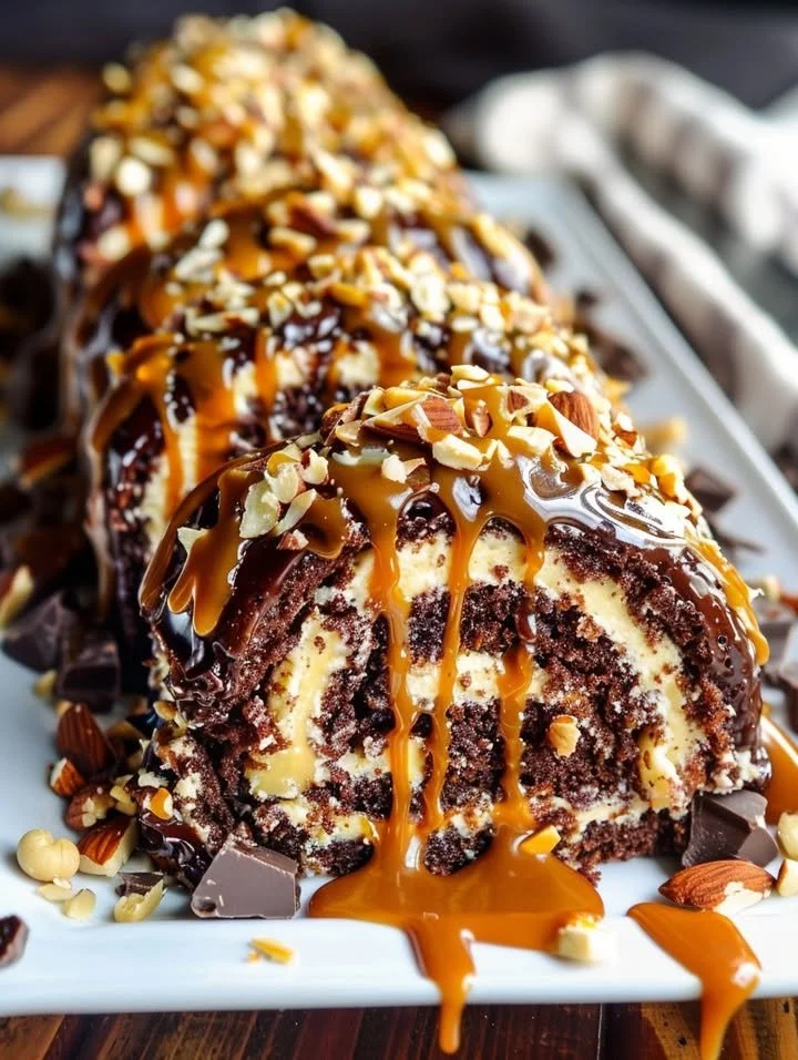 Double Chocolate Almond Caramel Cake Roll topped with caramel drizzle