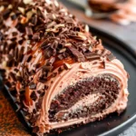Double chocolate almond caramel cake roll topped with chocolate ganache and almonds.