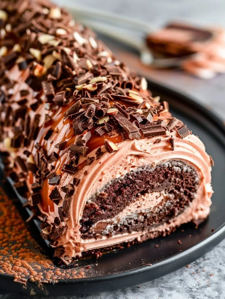 Double chocolate almond caramel cake roll topped with chocolate ganache and almonds.