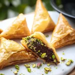 Delicious Dubai-inspired chocolate-dipped pistachio phyllo bites on a serving plate.