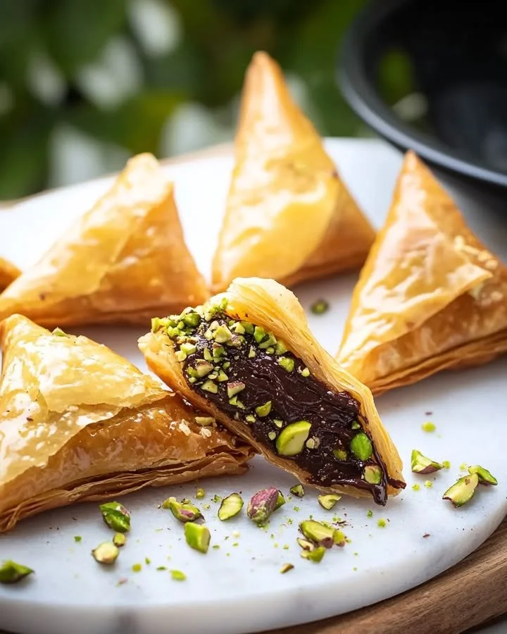 Delicious Dubai-inspired chocolate-dipped pistachio phyllo bites on a serving plate.
