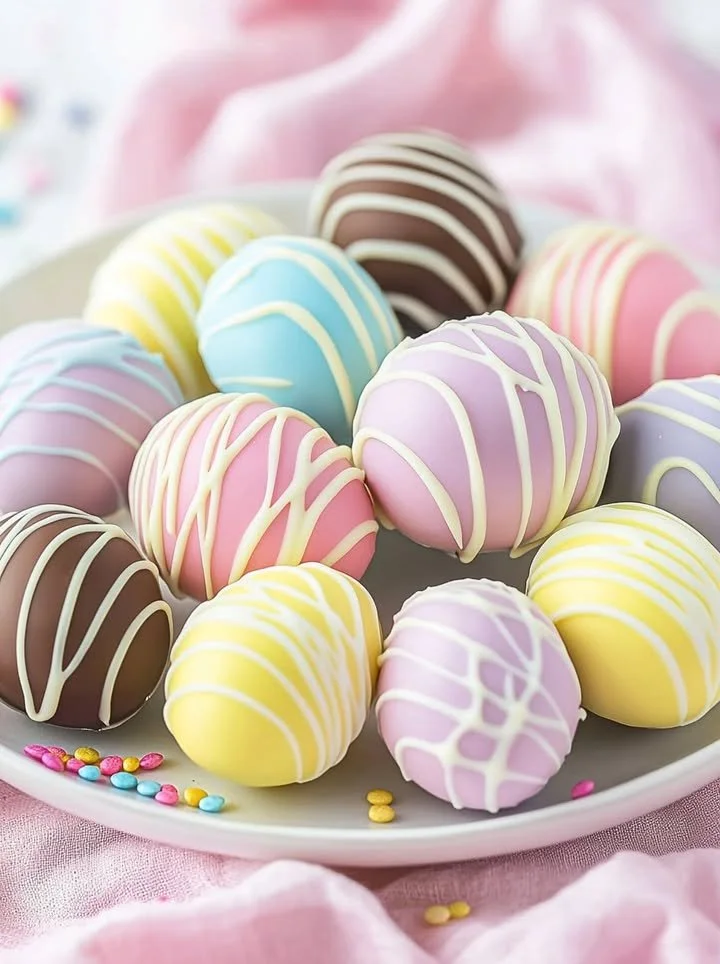 Easter Egg Oreo Cookie Balls on a colorful platter