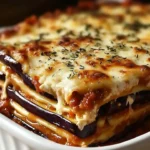Delicious easy eggplant lasagna on a plate with cheese and herbs