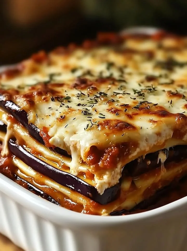 Delicious easy eggplant lasagna on a plate with cheese and herbs