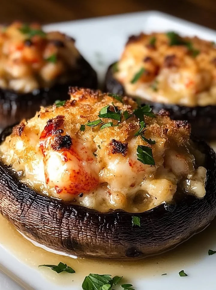 Delicious lobster stuffed portobello mushrooms ready for a cozy dinner.