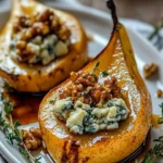Elegant blue cheese stuffed pears served on a platter