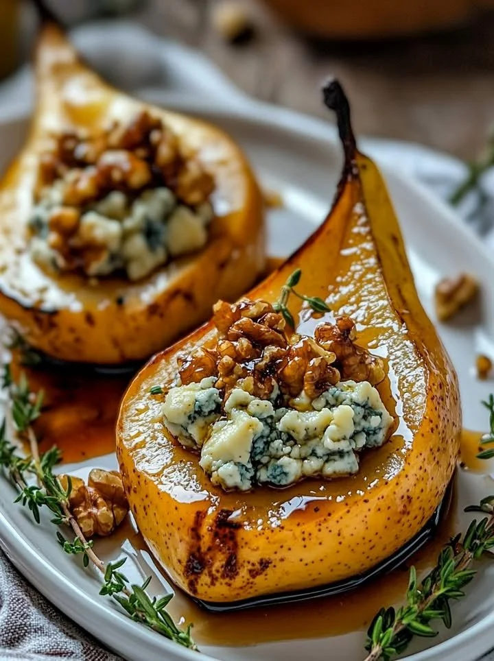 Elegant blue cheese stuffed pears served on a platter
