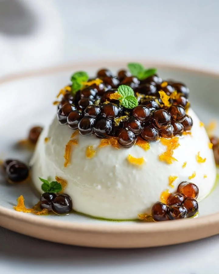 Espresso pearls served on whipped mascarpone with orange zest garnish.