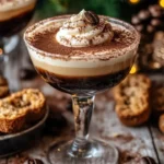 Espresso Tiramisu Mocktail topped with cocoa and coffee beans in a glass