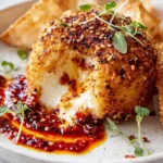 Everything-Crusted Burrata Bomb served with Spicy Tomato Jam on a plate