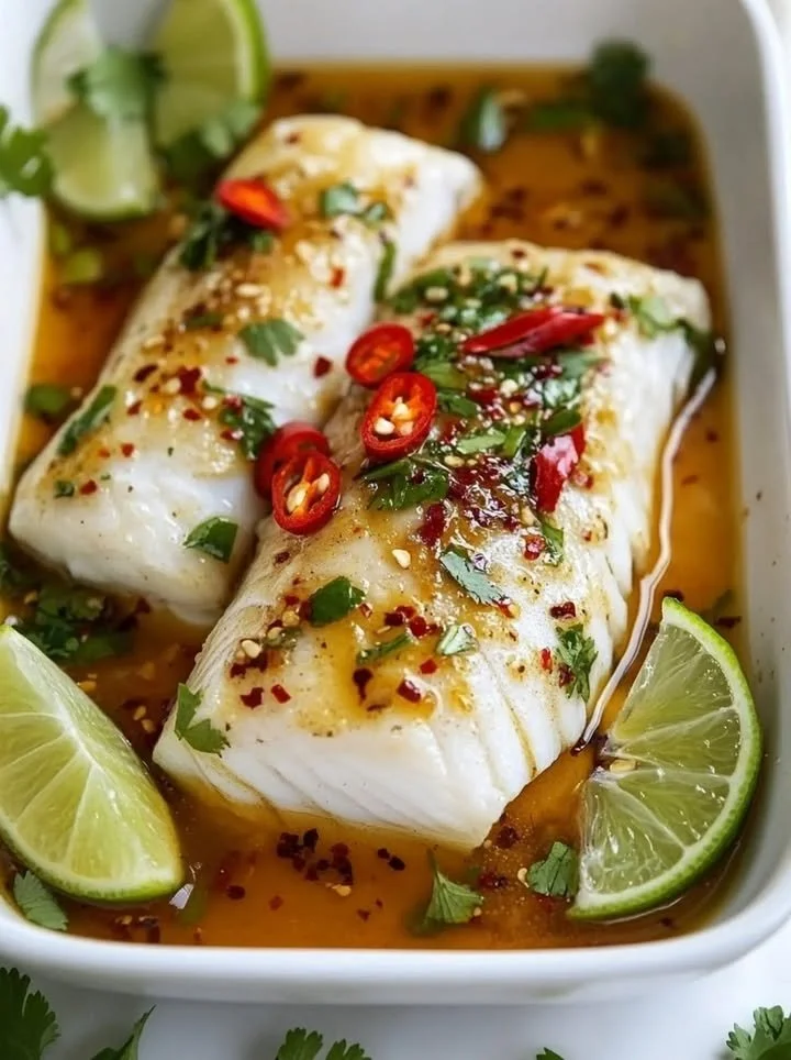 Exotic steamed fish garnished with ginger and lime, ready to serve.