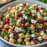 Feta and cranberry chickpeas salad with lemon vinaigrette in a bowl