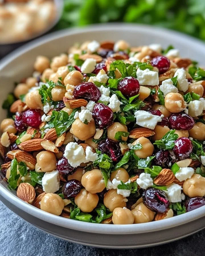 Feta and cranberry chickpeas salad with lemon vinaigrette in a bowl