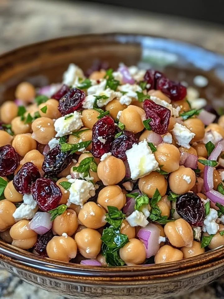Feta cranberry chickpeas salad with lemon vinaigrette and fresh greens