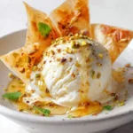 Feta honey ice cream topped with crispy phyllo shards in a bowl
