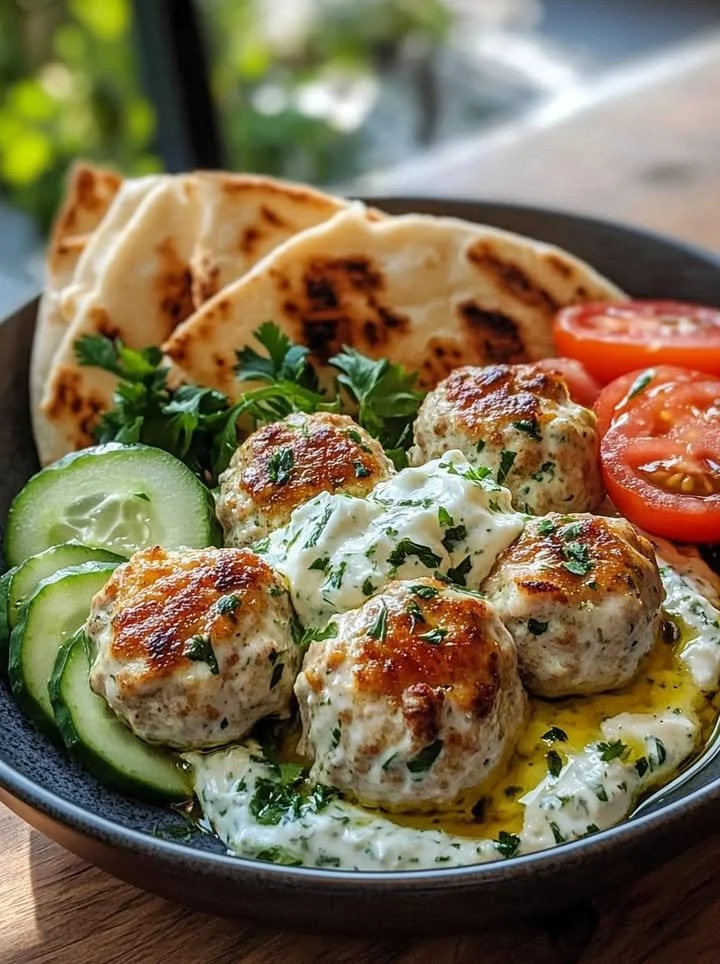 Feta-stuffed Greek chicken meatballs served with roasted garlic tzatziki sauce