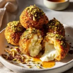 Feta-Stuffed Sweet Potato Bombs garnished with pistachio crunch on a plate.