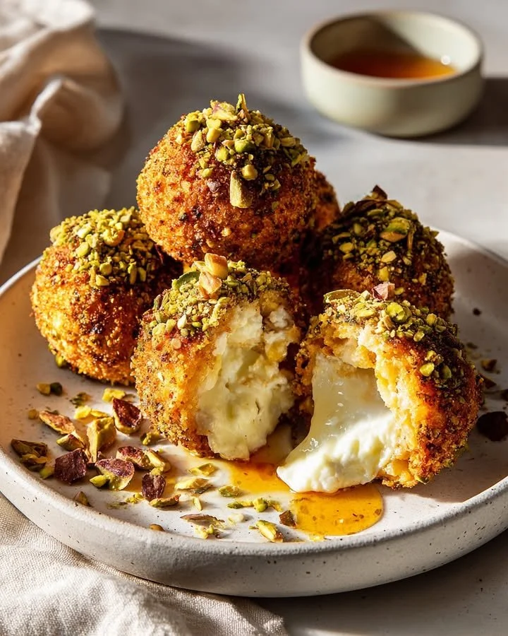 Feta-Stuffed Sweet Potato Bombs garnished with pistachio crunch on a plate.