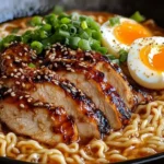 Bowl of spicy chicken ramen topped with creamy garlic sauce and green onions.