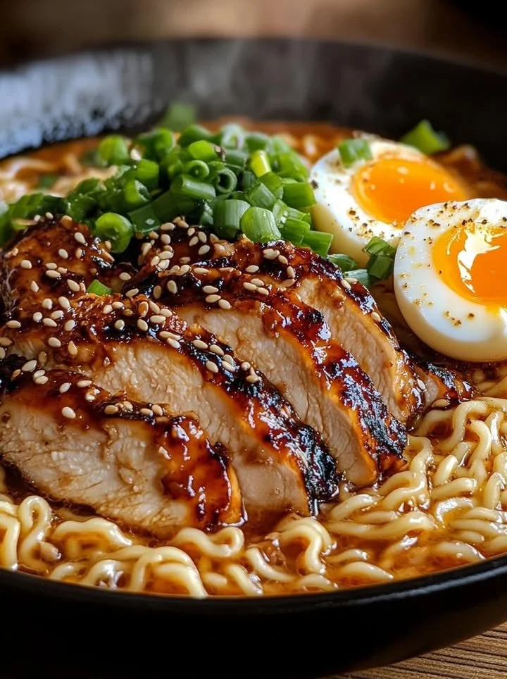 Bowl of spicy chicken ramen topped with creamy garlic sauce and green onions.