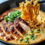 Fiery Chicken Ramen with creamy garlic sauce, garnished for flavor and spice.